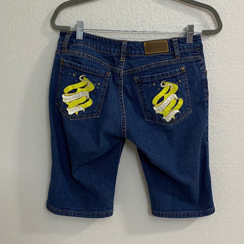 Rocawear Dark Indigo Denim Shorts with Yellow Patch Embroidery